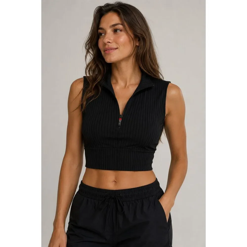 Spyder Active Ribbed Half-Zip Crop Tank with Built-In Bra - Black Size Small